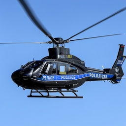 A police helicopter in mid-flight, showcasing its advanced navigational technology and sleek design.