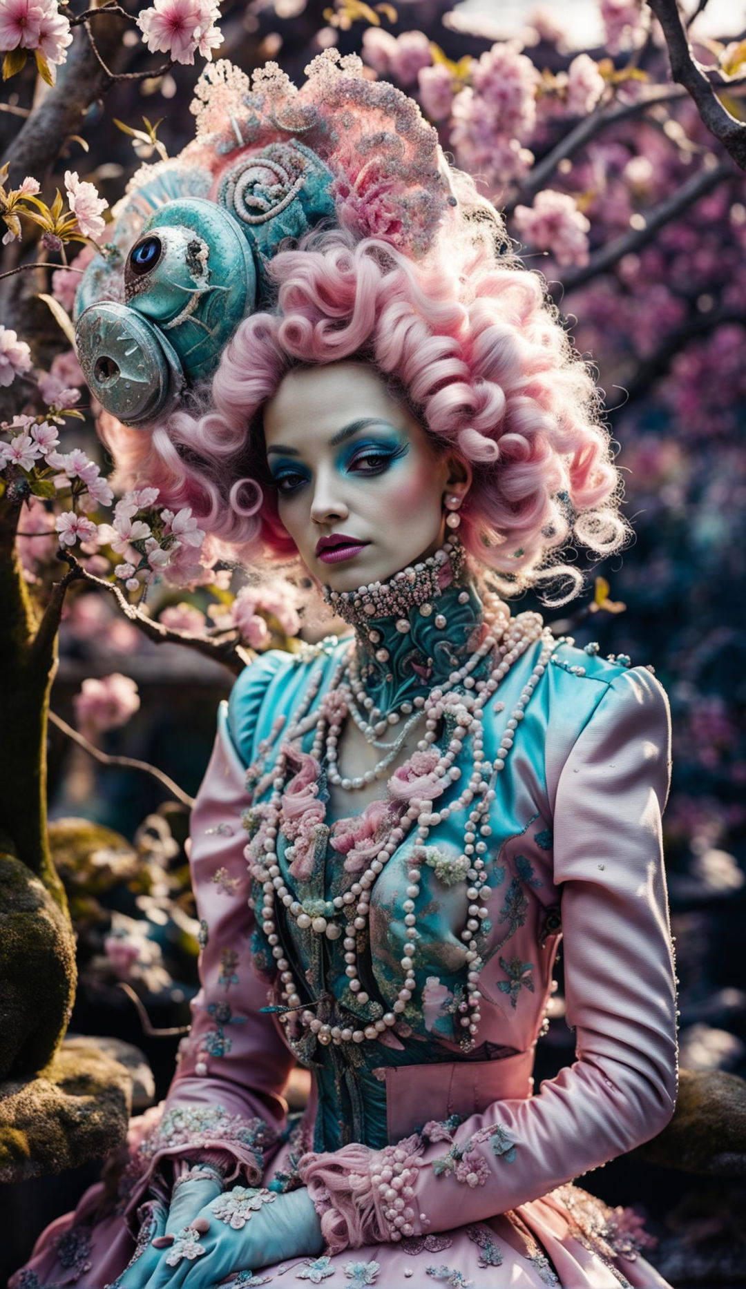 A rococo-style alien with a pink wig stands in a blooming garden. The alien's turquoise skin contrasts with its ornate gown and the vibrant colors of the garden. Captured with a Canon EOS 5DS, 85mm f/1.2 lens.