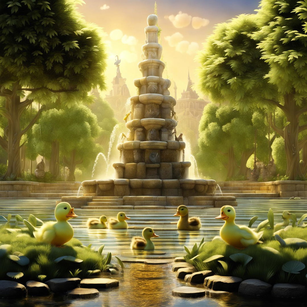 High-definition Pixar-style scene of a beautiful park with an elaborate water feature. A mother duck with her detailed ducklings in warm sunlight, embodying happy vibes.