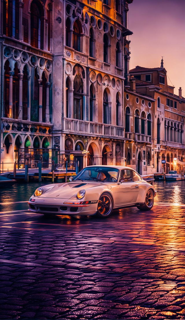 Editorial shot of a Porsche 911 in Venice through a 200mm lens, reflecting Amy Shore's photography style.