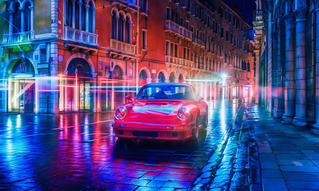 Hallucinatory editorial photograph of the front of a Porsche 911 in Venice with neon light trails, captured by Amy Shore with a 200mm camera.