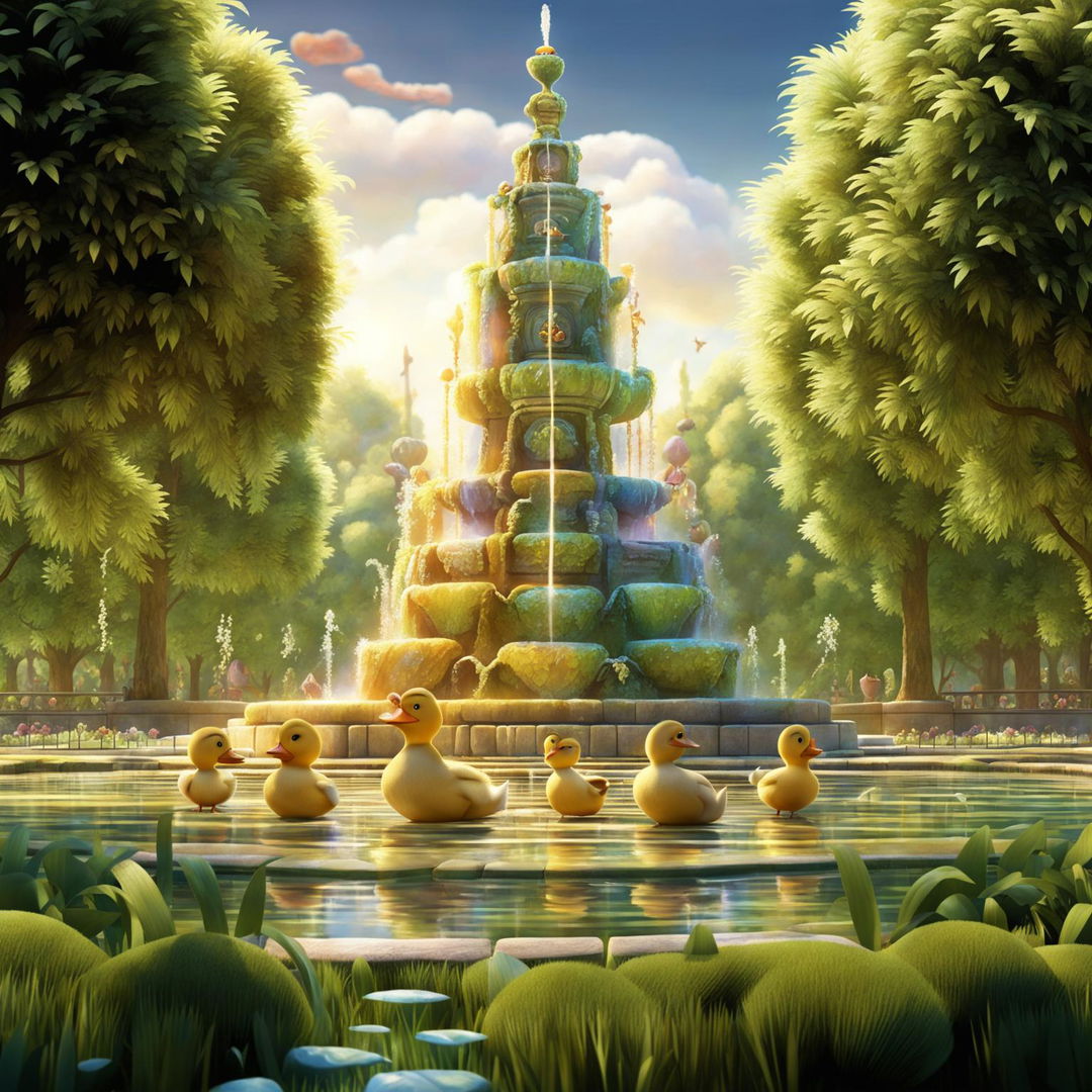 Pixar-style animated scene of a lush park with a grand water feature. A mother duck and her playful ducklings in the warm sunlight, radiating joy and happiness.