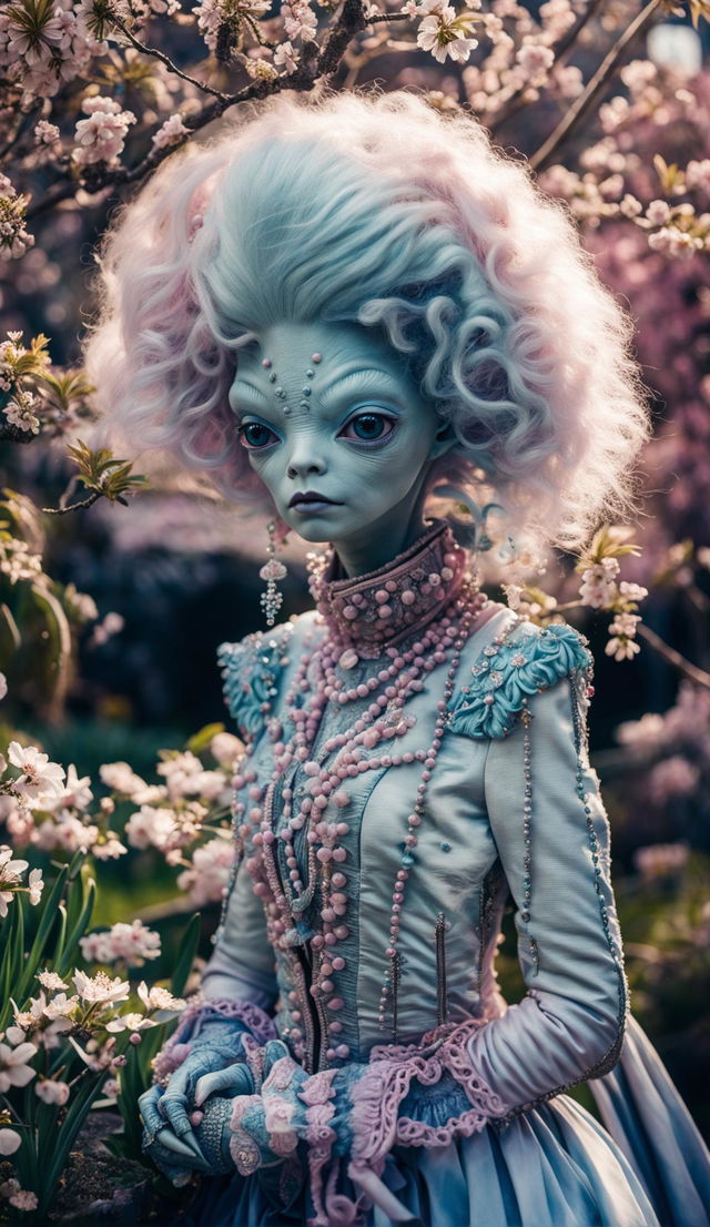 A cyan-skinned alien with large eyes, dressed in rococo style with an elaborate pink wig, stands in a blooming garden. Captured with a Canon EOS 5DS, 85mm f/1.2 lens.