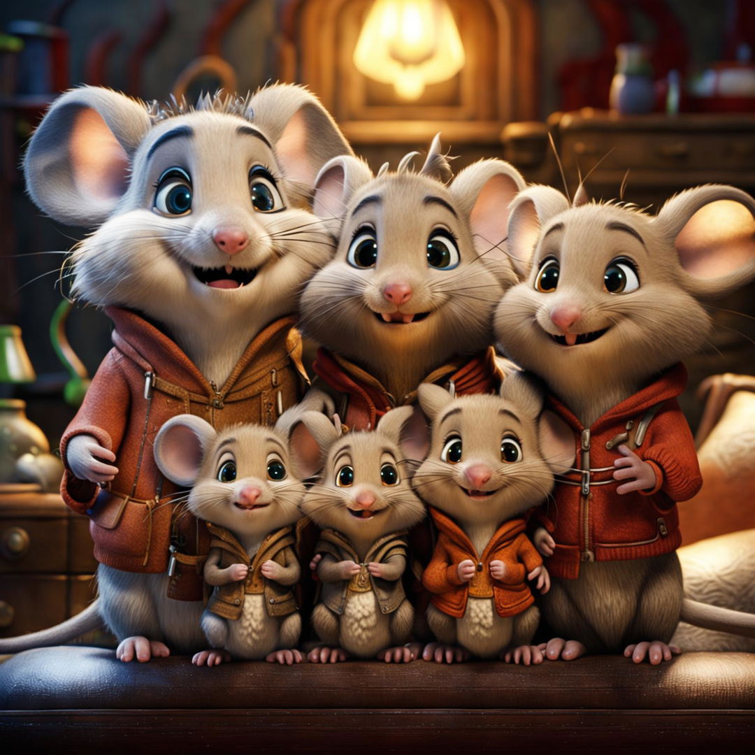 A Pixar-style 3D animation of a cute mouse family consisting of father, mother, and three children in a cozy mouse-sized home.