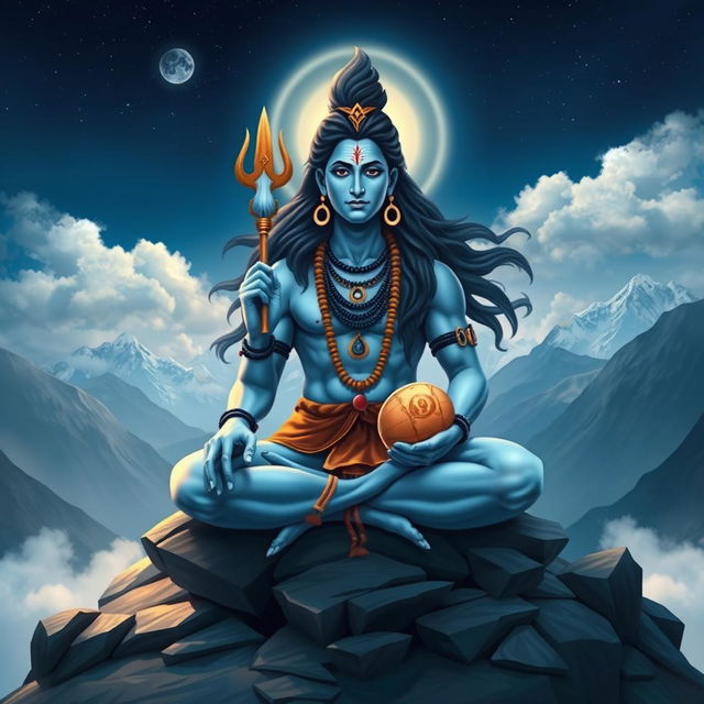 An artistic representation of Lord Shiva, the Hindu deity, depicted with his traditional features including a blue complexion, long flowing hair adorned with the crescent moon, and flowing locks