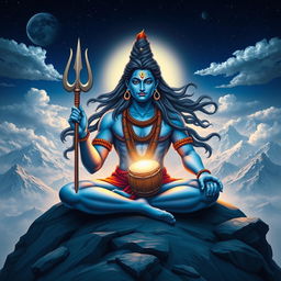 An artistic representation of Lord Shiva, the Hindu deity, depicted with his traditional features including a blue complexion, long flowing hair adorned with the crescent moon, and flowing locks