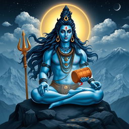 An artistic representation of Lord Shiva, the Hindu deity, depicted with his traditional features including a blue complexion, long flowing hair adorned with the crescent moon, and flowing locks