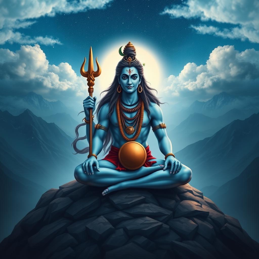 An artistic representation of Lord Shiva, the Hindu deity, depicted with his traditional features including a blue complexion, long flowing hair adorned with the crescent moon, and flowing locks