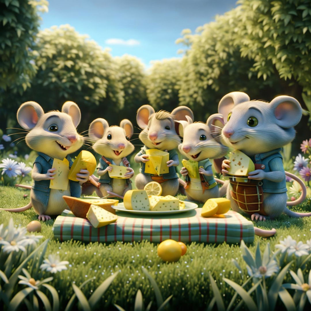 A Pixar-style 3D animation of a mouse family's picnic in a lush green park.