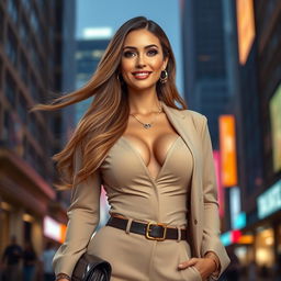 A beautiful big breasted woman standing confidently in a stylish outfit, exuding elegance and charisma