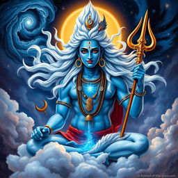 A powerful representation of the Hindu god Shiva, showcasing his iconic features such as his blue skin, flowing white hair adorned with a crescent moon and a serpent