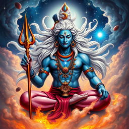 A powerful representation of the Hindu god Shiva, showcasing his iconic features such as his blue skin, flowing white hair adorned with a crescent moon and a serpent