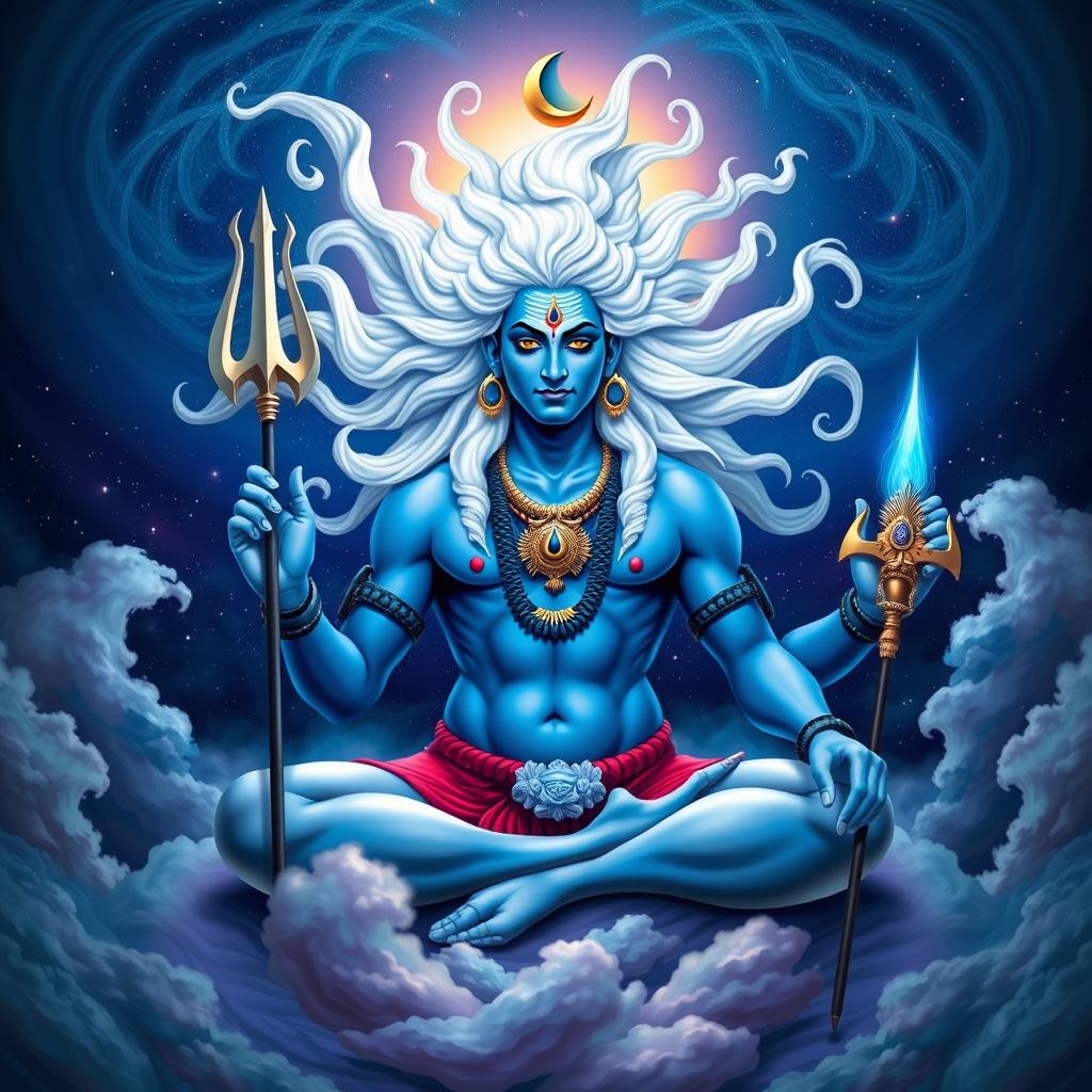 A powerful representation of the Hindu god Shiva, showcasing his iconic features such as his blue skin, flowing white hair adorned with a crescent moon and a serpent