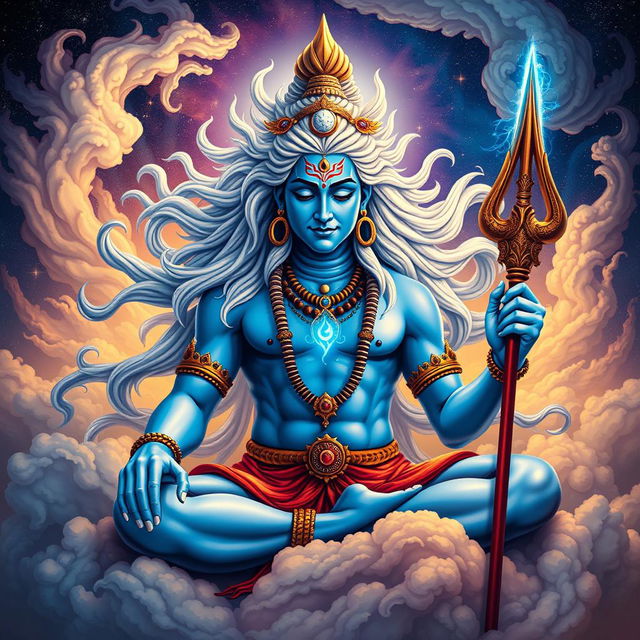 A powerful representation of the Hindu god Shiva, showcasing his iconic features such as his blue skin, flowing white hair adorned with a crescent moon and a serpent