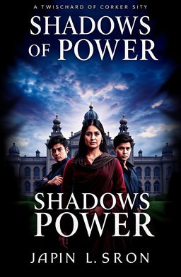 A captivating book cover for 'Shadows of Power', featuring a majestic mansion set against a dramatic sky