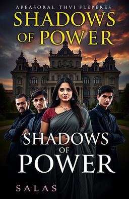 A captivating book cover for 'Shadows of Power', featuring a majestic mansion set against a dramatic sky