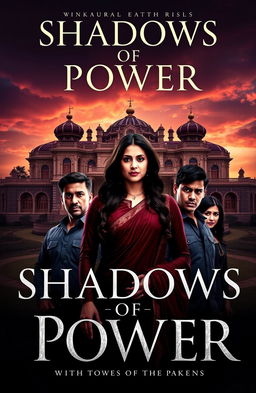 A captivating book cover for 'Shadows of Power', featuring a majestic mansion set against a dramatic sky