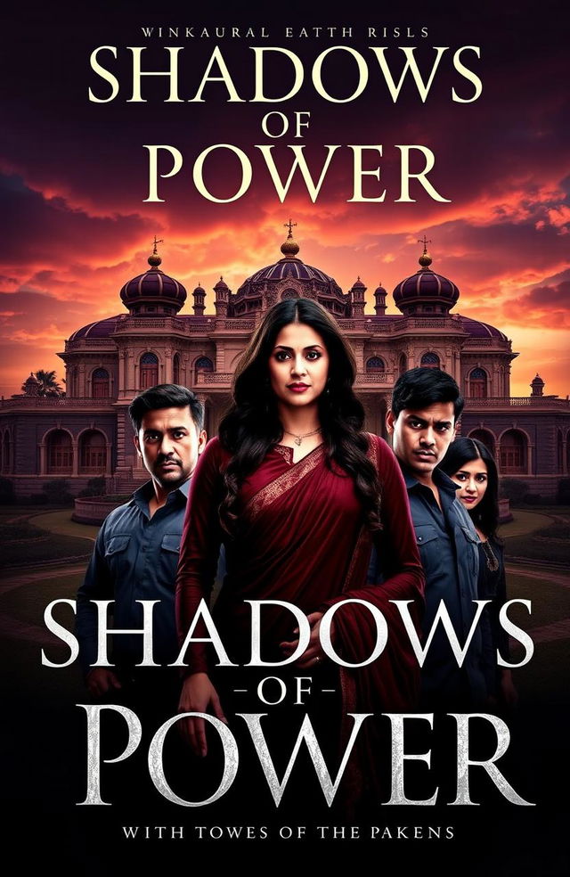 A captivating book cover for 'Shadows of Power', featuring a majestic mansion set against a dramatic sky