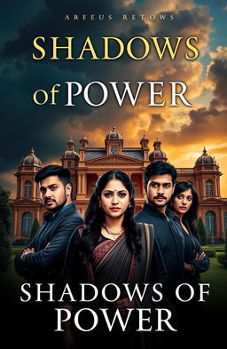 A captivating book cover for 'Shadows of Power', featuring a majestic mansion set against a dramatic sky