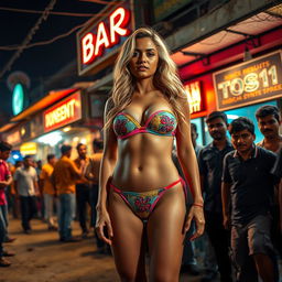 A striking scene featuring a sexy alluring blonde woman in a colorful transparent strapless small bikini, highlighting her big breast cleavage, sexy navel, and alluring thighs