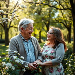 An elderly man and a young woman enjoying an innocent moment together in a park