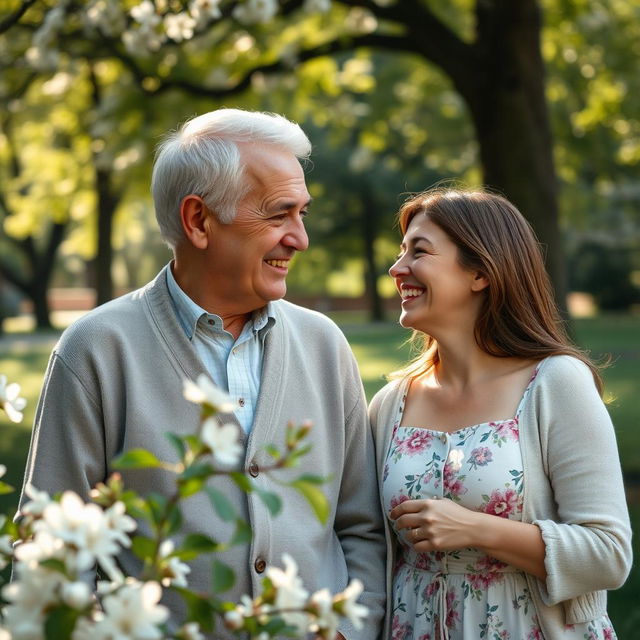 An elderly man and a young woman enjoying an innocent moment together in a park