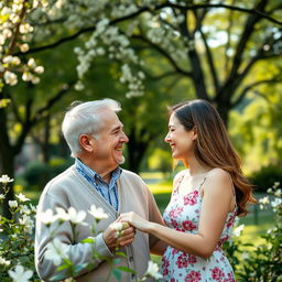 An elderly man and a young woman enjoying an innocent moment together in a park