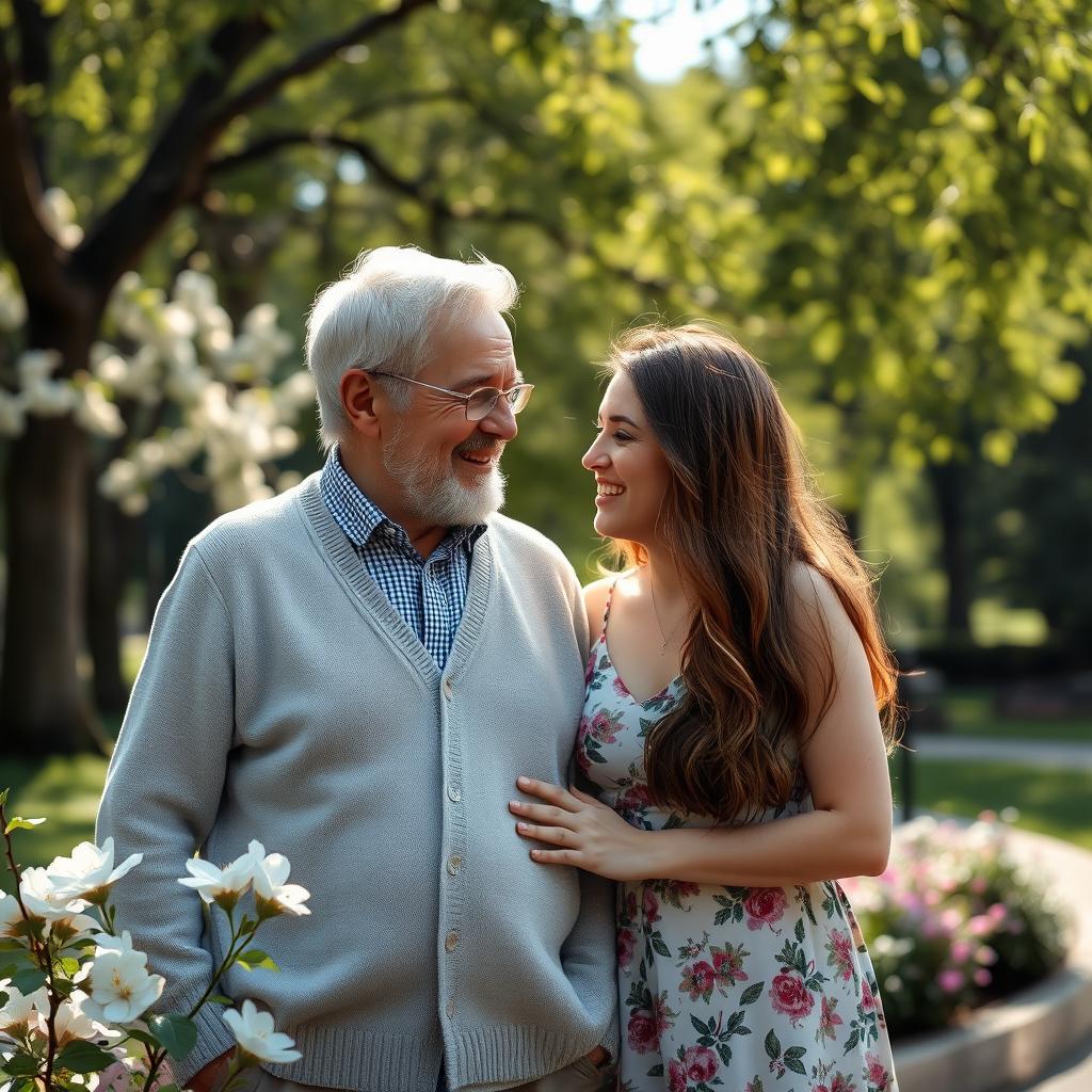 An elderly man and a young woman enjoying an innocent moment together in a park