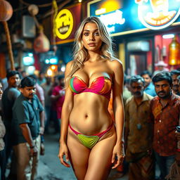 A striking scene featuring a sexy alluring blonde woman in a colorful transparent strapless small bikini that elegantly highlights her big breast cleavage, sexy navel, and alluring thighs