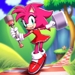 A vibrant and dynamic portrait of Amy Rose, the iconic pink hedgehog character from the Sonic the Hedgehog universe