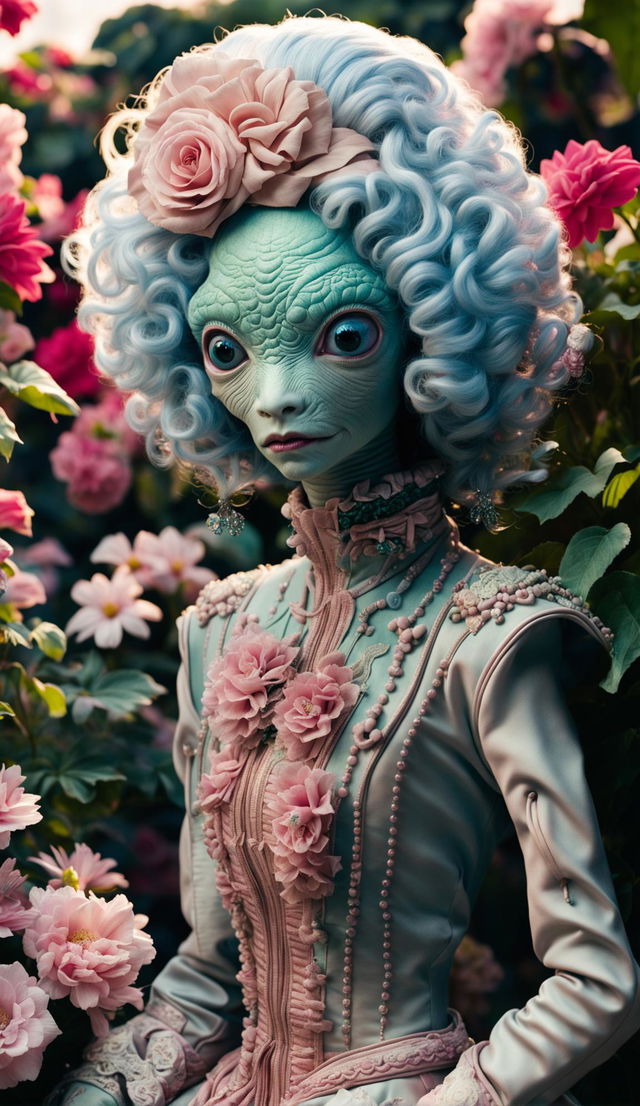 A cyan-skinned alien with large eyes dressed in Rococo style clothing and an elaborate pink wig stands in a blooming garden.