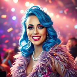A stunningly beautiful portrait of a woman resembling Katy Perry, featuring bright blue hair styled in glamorous waves