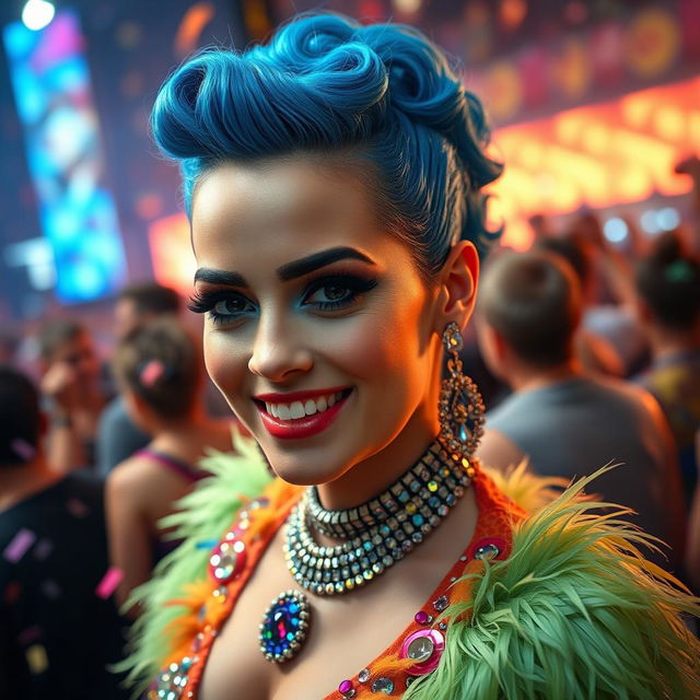 A stunningly beautiful portrait of a woman resembling Katy Perry, featuring bright blue hair styled in glamorous waves