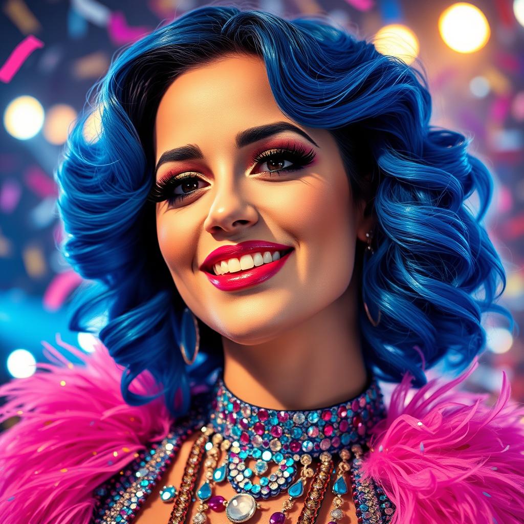 A stunningly beautiful portrait of a woman resembling Katy Perry, featuring bright blue hair styled in glamorous waves