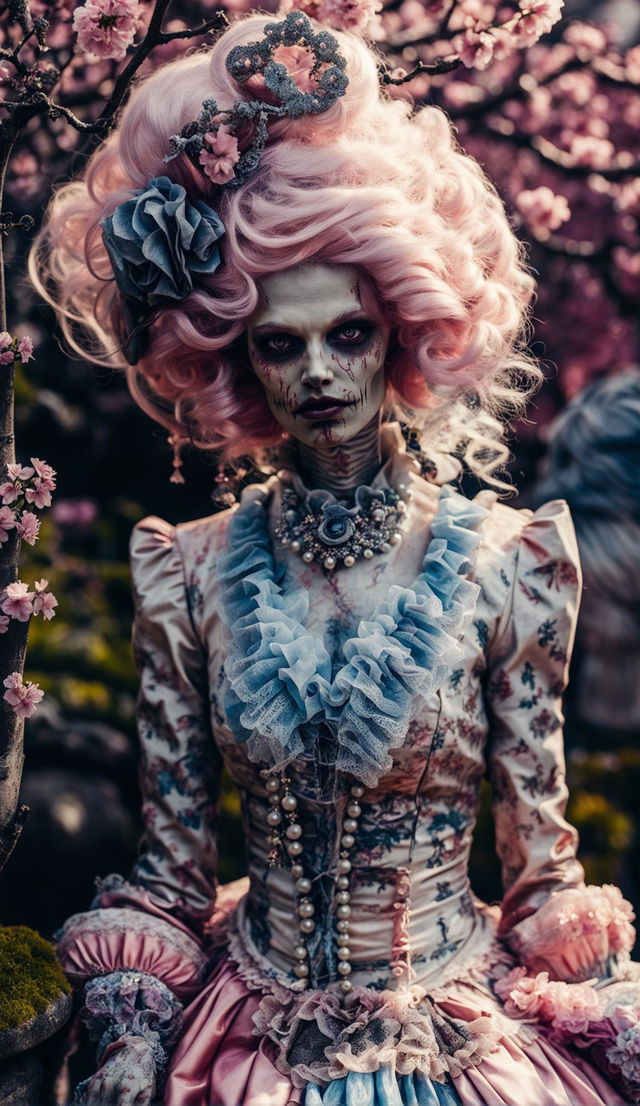 A zombie dressed in rococo style with an elaborate pink wig stands in a blooming garden. Captured with a Canon EOS 5DS, 85mm f/1.2 lens.