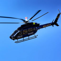 A police helicopter soaring in the sky, highlighting its advanced technology and streamlined design.