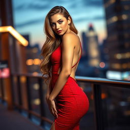 An alluring young woman in a hot, form-fitting dress that accentuates her curves, standing confidently in a luxurious urban setting