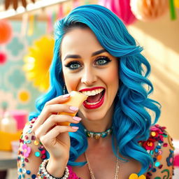 A playful and vibrant portrait of a woman resembling Katy Perry, enjoying a banana in a fun and whimsical manner