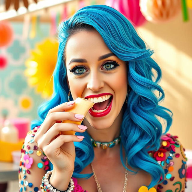 A playful and vibrant portrait of a woman resembling Katy Perry, enjoying a banana in a fun and whimsical manner