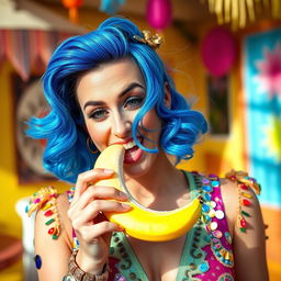 A playful and vibrant portrait of a woman resembling Katy Perry, enjoying a banana in a fun and whimsical manner