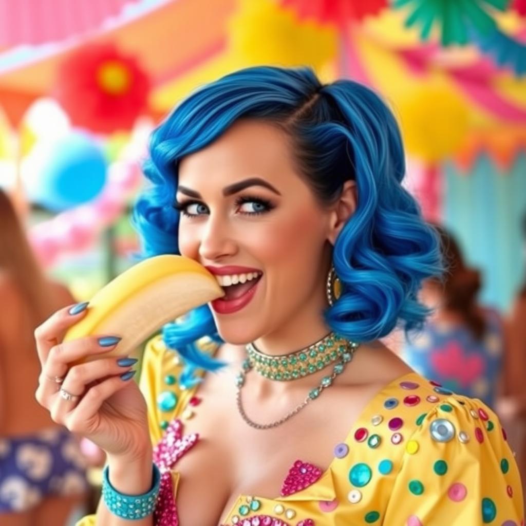 A playful and vibrant portrait of a woman resembling Katy Perry, enjoying a banana in a fun and whimsical manner