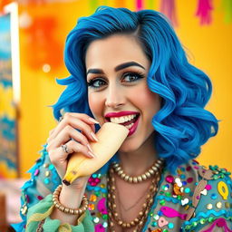 A playful and vibrant portrait of a woman resembling Katy Perry, enjoying a banana in a fun and whimsical manner
