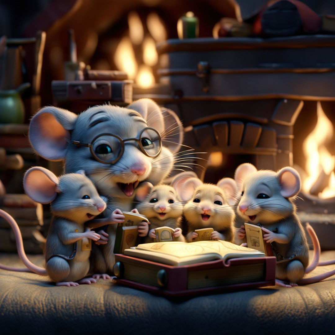 A Pixar-style 3D animation of a mouse family in a heartwarming bedtime scene.