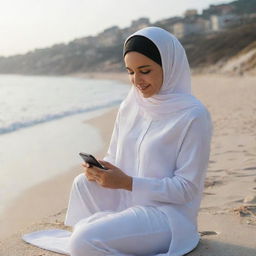 A young woman in a hijab sitting by the beach, holding a smartphone in her hand.