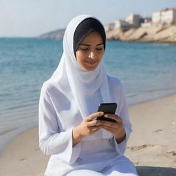 A young woman in a hijab sitting by the beach, holding a smartphone in her hand.