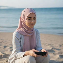 A young woman in a hijab sitting by the beach, holding a smartphone in her hand.