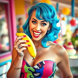 A playful and vibrant portrait of a woman resembling Katy Perry, enjoying a banana in a fun and whimsical manner