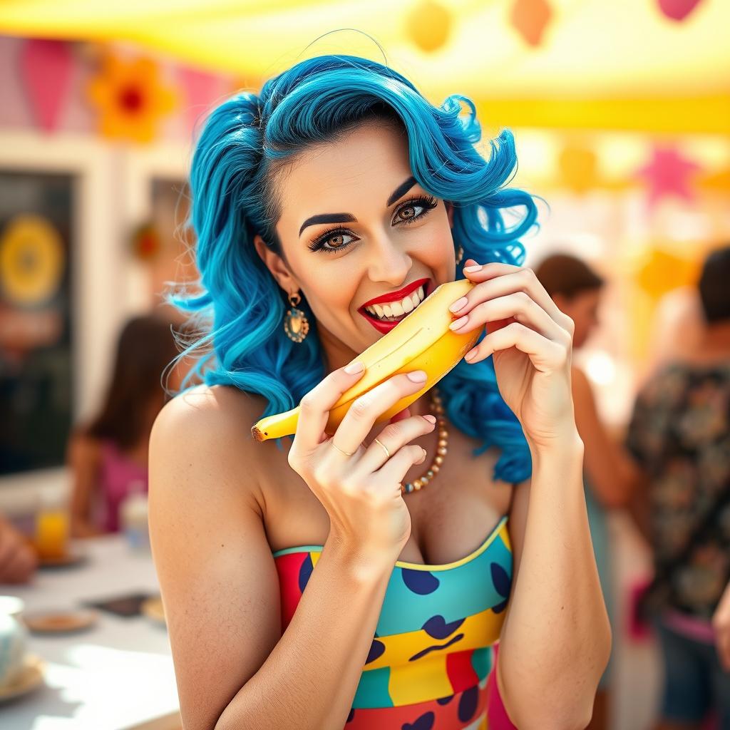 A playful and vibrant portrait of a woman resembling Katy Perry, enjoying a banana in a fun and whimsical manner