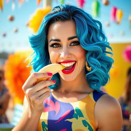 A playful and vibrant portrait of a woman resembling Katy Perry, enjoying a banana in a fun and whimsical manner
