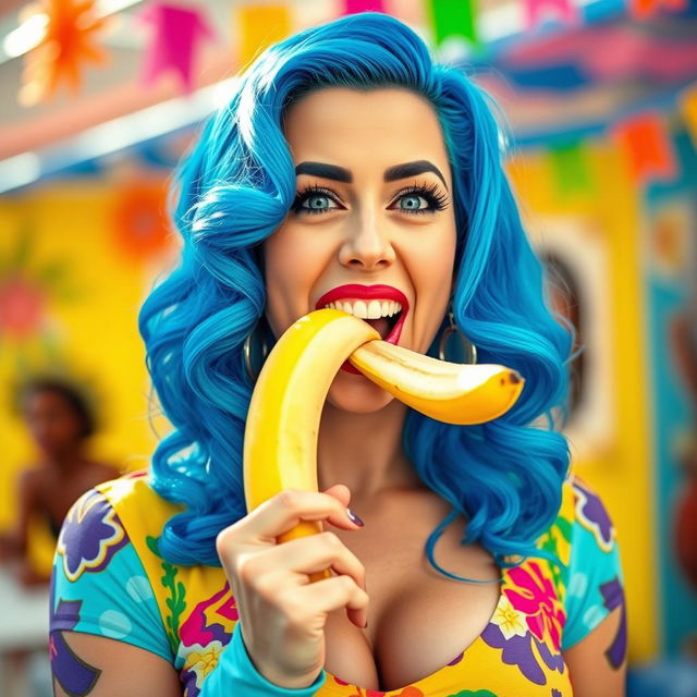 A playful and vibrant portrait of a woman resembling Katy Perry, enjoying a banana in a fun and whimsical manner